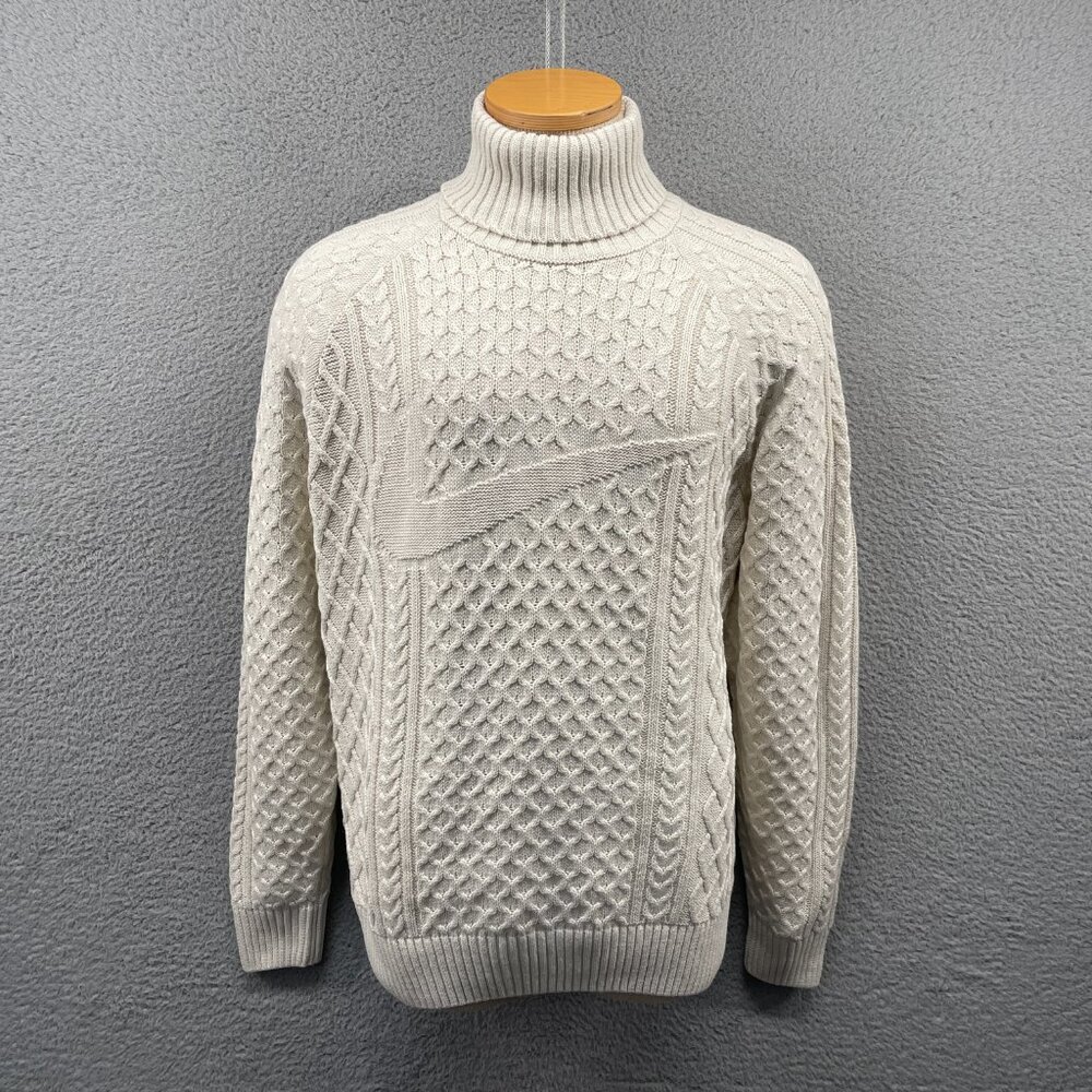 NWT Nike Life Mens Cable Knit Turtleneck Sweater Off White Chunky Relaxed Large - Picture 2 of 11
